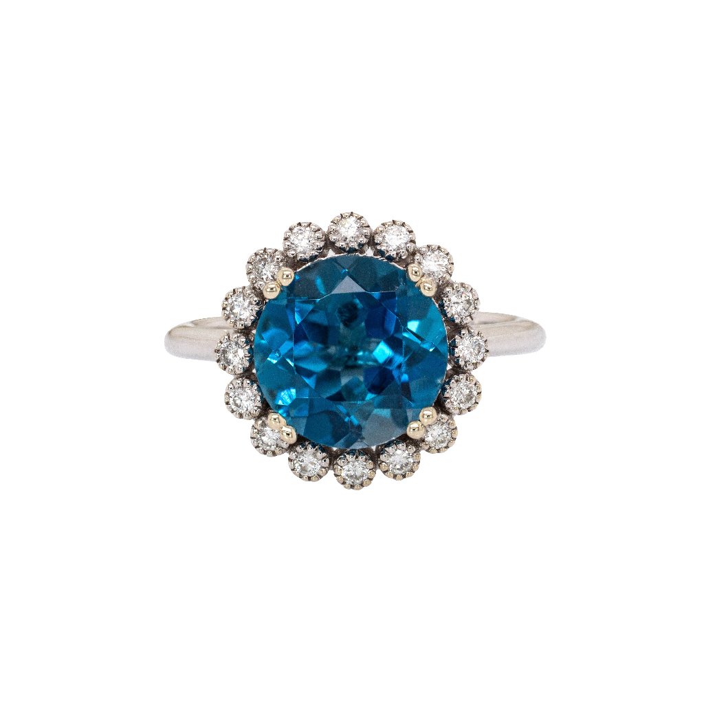 4.25cts London Blue Topaz Ring In Solid 14k White Gold With Natural Diamond Halo